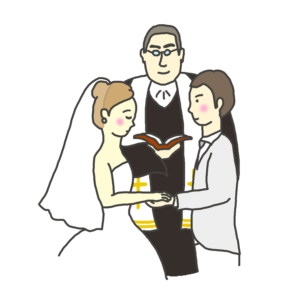 牧師さんと新郎新婦の絵